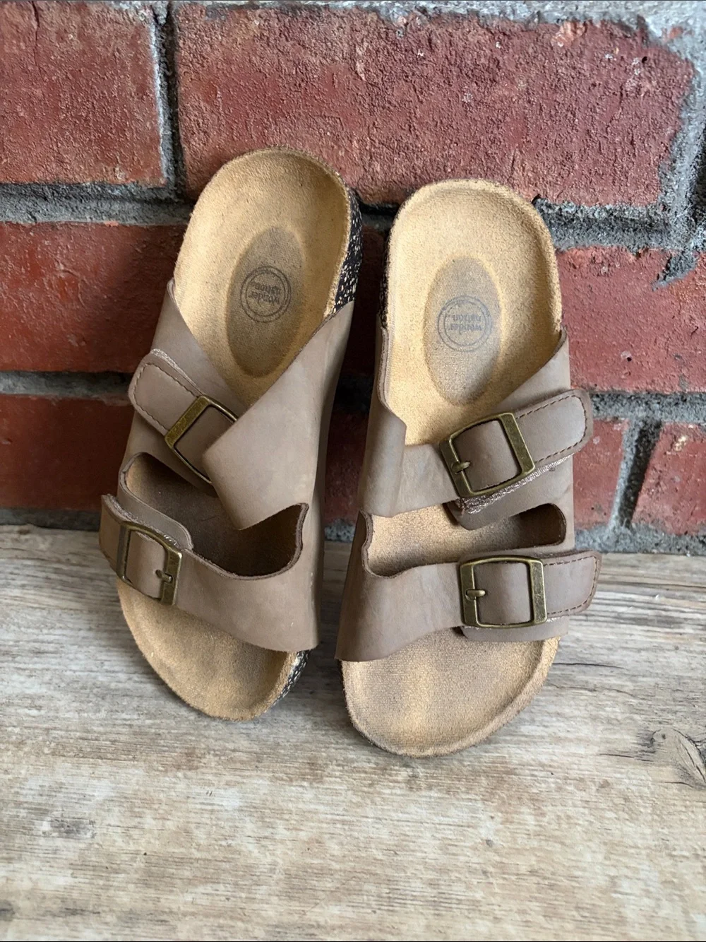 wonder nation Brown Double-Buckle Slide Sandals - Kids